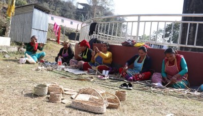 तनहुँमा केराका थम्बाबाट ढकिया, चकटी र झोला बनाउँदै महिलाहरू Image